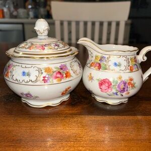 1930's Bavaria Schumann Dresden Flowers Creamer Pitcher Sugar w/Lid Set Floral